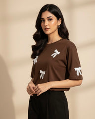 Bow Decor Plus Size Women Round Neck Short Sleeve T-Shirt