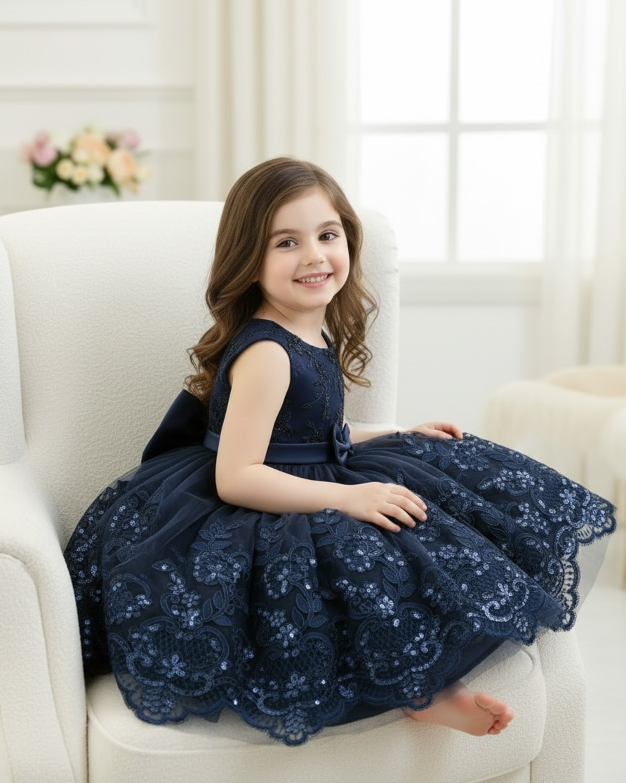 Baby Girl Navy Blue Lace Princess Dress With Bow