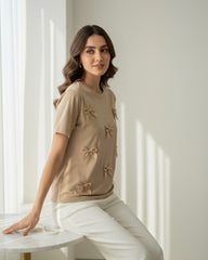 Women Khaki Knitted Bow Front Round Neck Casual T-Shirt