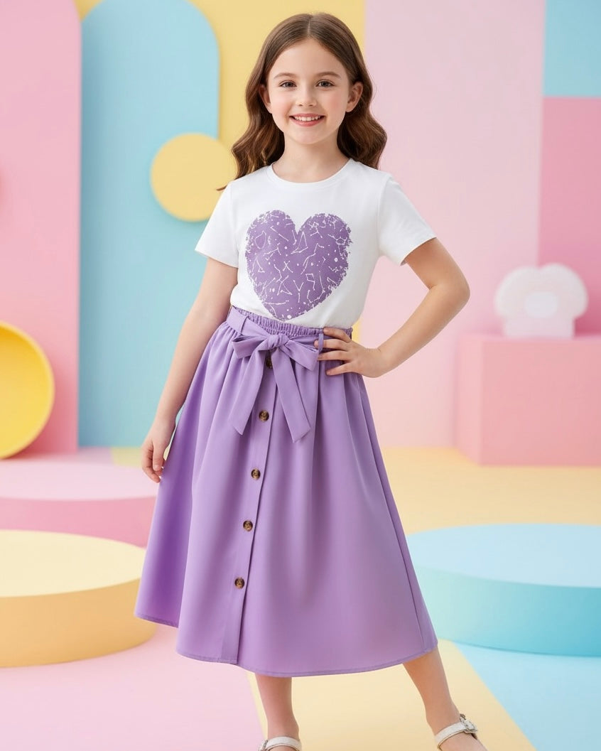 Heart Pattern Printed Short Sleeve T-Shirt And Elastic Waist Skirt
