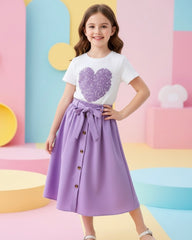 Heart Pattern Printed Short Sleeve T-Shirt And Elastic Waist Skirt