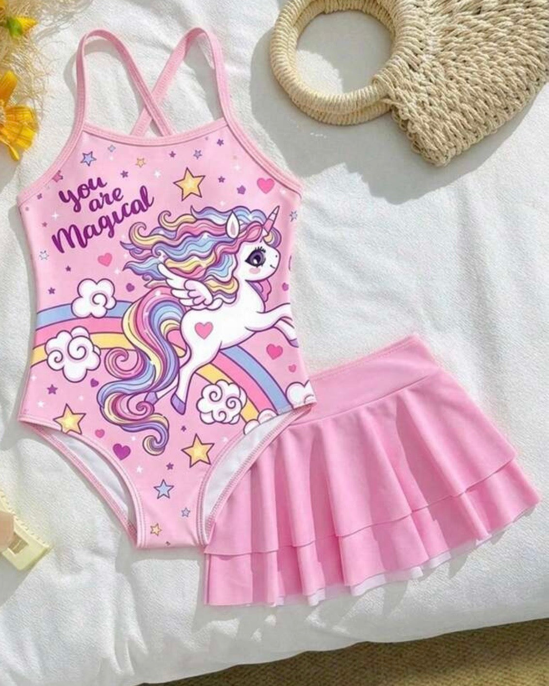 Girls Magical Unicorn Print One-Piece Swimsuit With Skirt