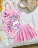 Girls Magical Unicorn Print One-Piece Swimsuit With Skirt