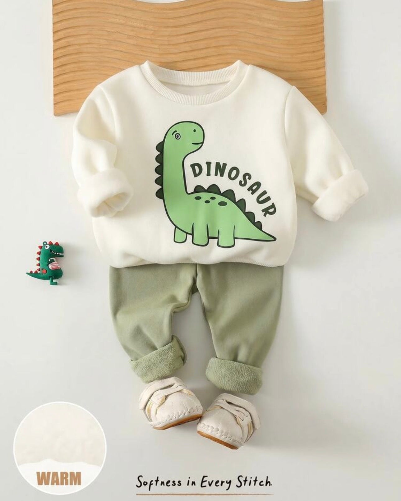 2pcs Baby Boy Dinosaur Printed  Round Neck Shirt And Blue Pants Se
