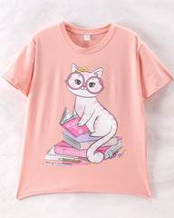 Teenage Girls Cat & Book Print Short Sleeve T-Shirt