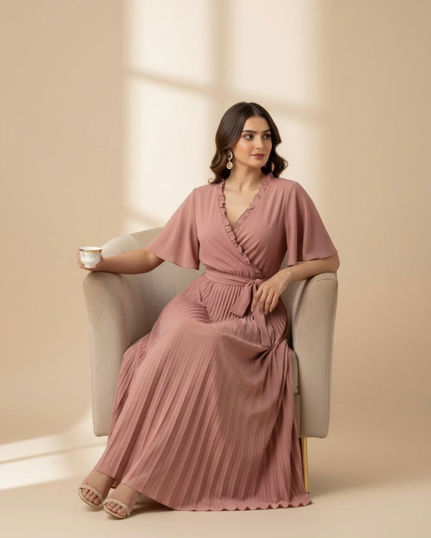 Women Tie-Up Bow Pleated Maxi Dress