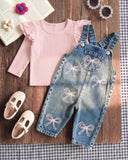 Baby Girl Denim Overall Set, 2-Piece Bow Embroidered Outfit