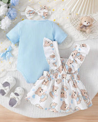 3pcs Baby Girls Sky Blue Ribbed Romper & Ruffled Overall Dress Set with Bow Headband