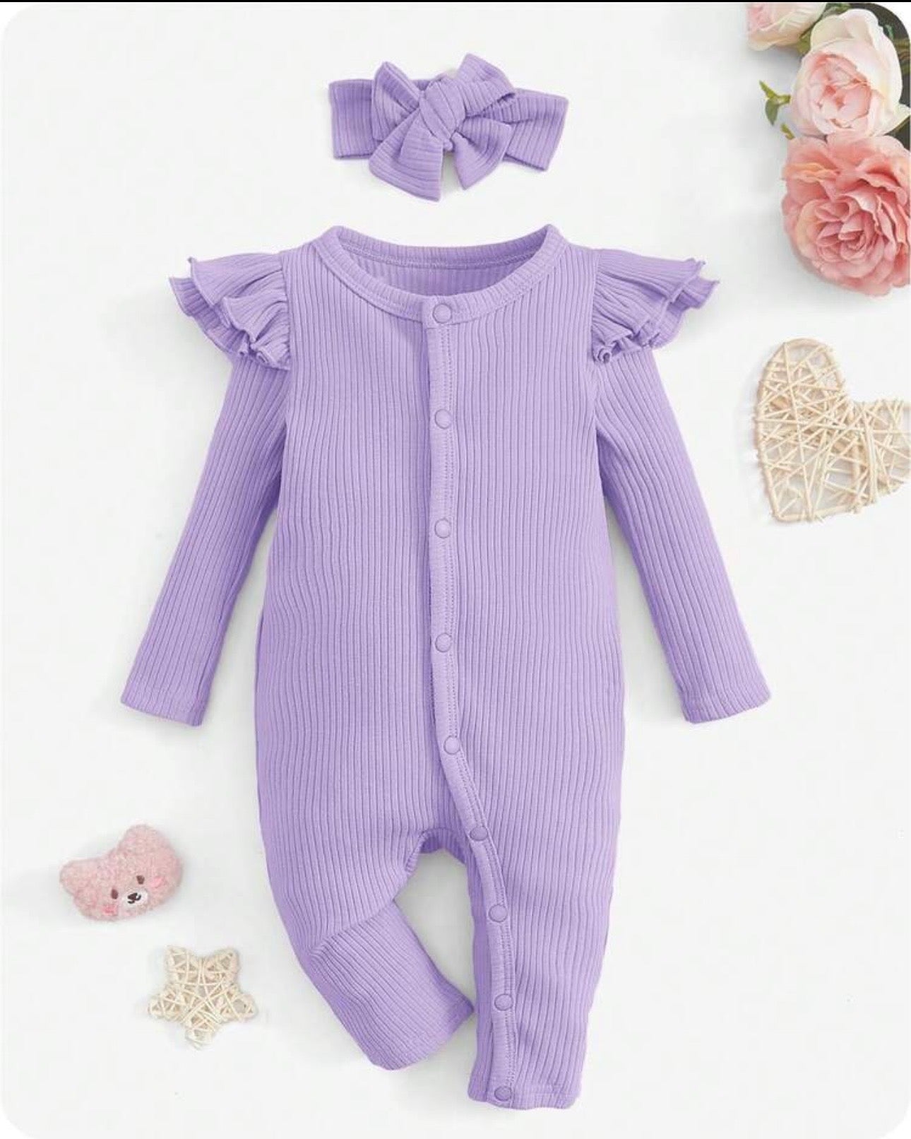 Newborn Baby Girl 2-Piece Purple Knit Romper Set with Headband