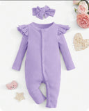 Newborn Baby Girl 2-Piece Purple Knit Romper Set with Headband