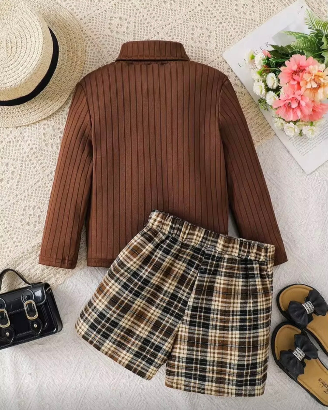 Girls Knit Brown Turtle Collar Top & Plaid Skirt Set