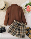 Girls Knit Brown Turtle Collar Top & Plaid Skirt Set