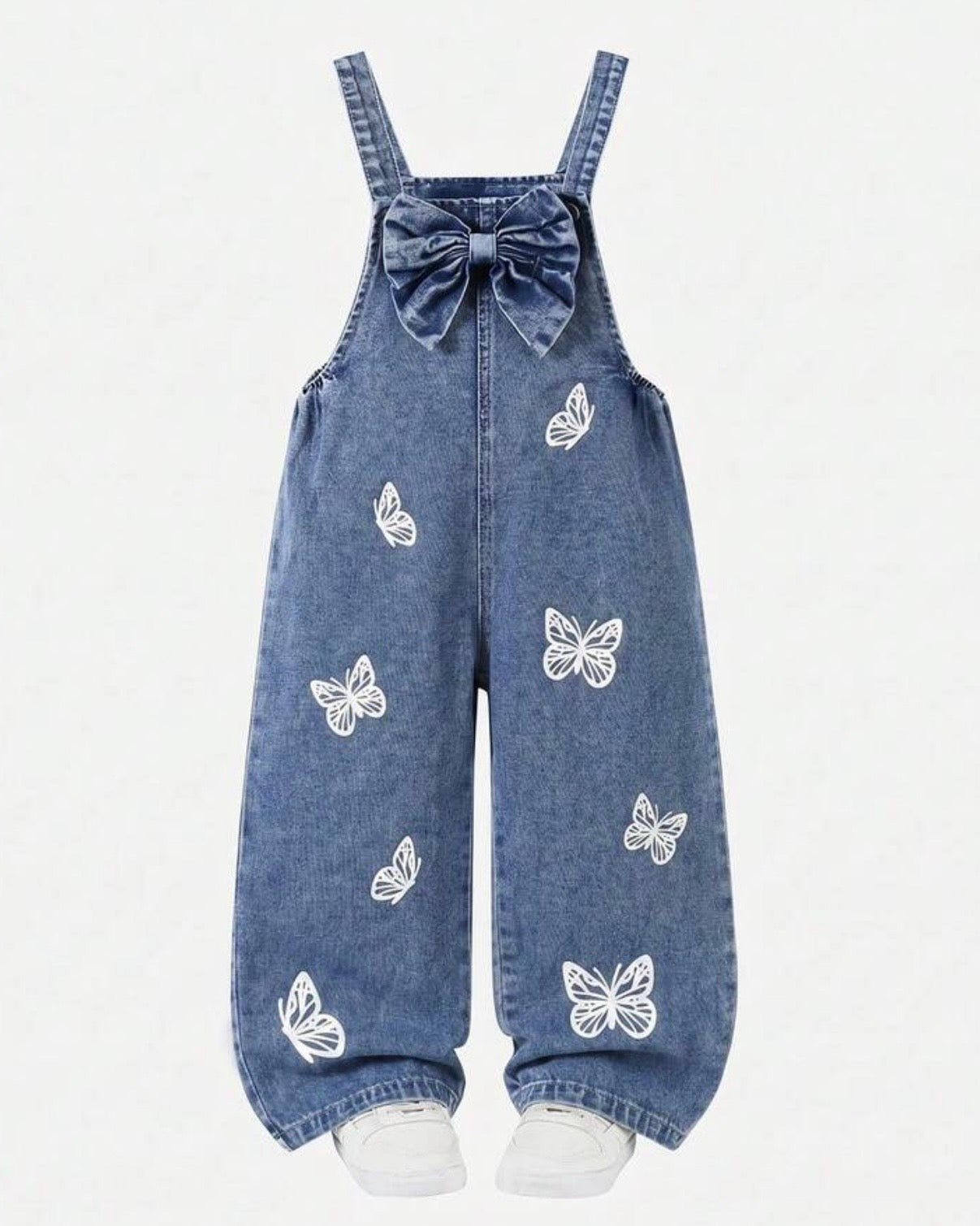 Girls Vintage Blue Denim Jumpsuit with 3D Bow & Butterfly Embroidery