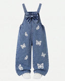 Girls Vintage Blue Denim Jumpsuit with 3D Bow & Butterfly Embroidery