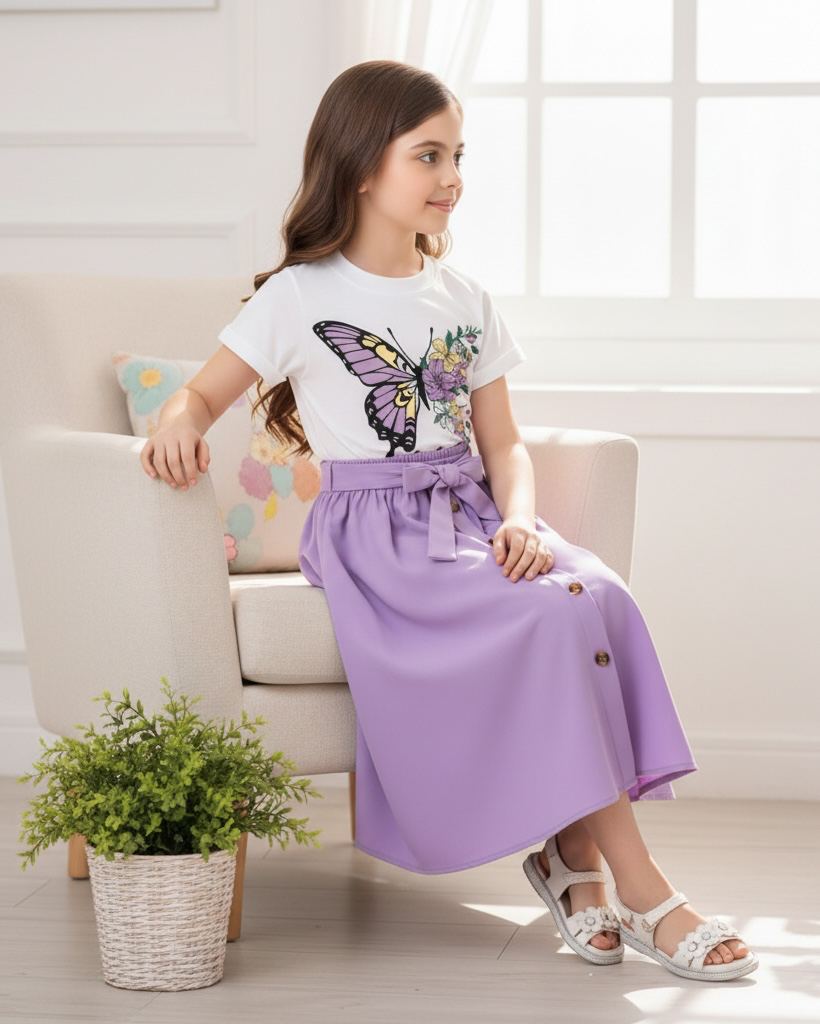 Butterfly Pattern Printed Short Sleeve T-Shirt And Elastic Waist Skirt
