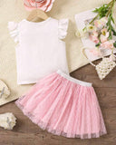 Girls Cartoon Print Mesh Splice Cap Sleeve Top And Heart Mesh Skirt
