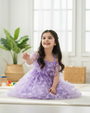 Girls’ Off-Shoulder Purple Butterfly Applique Mesh Dress