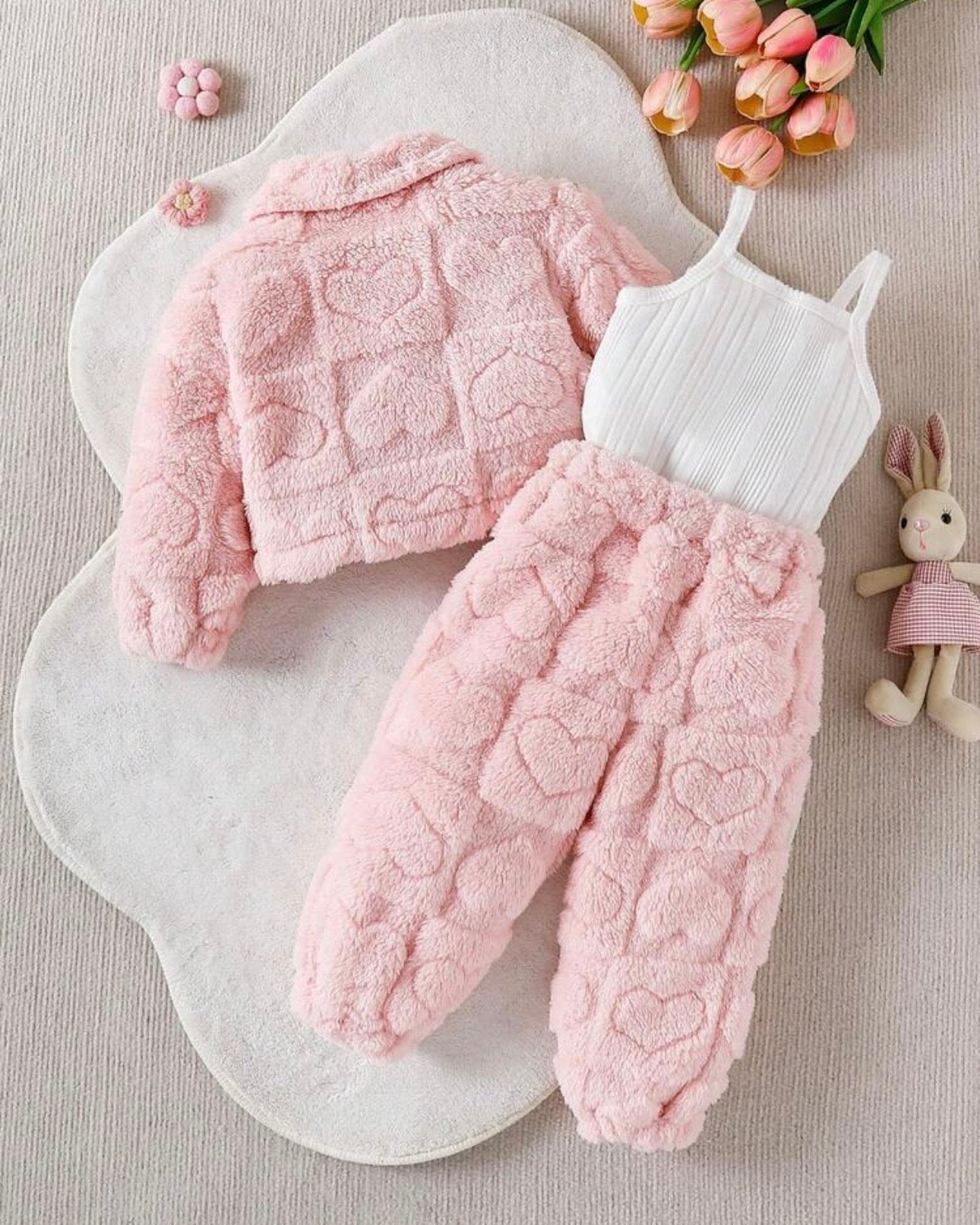 Pink Fluffy Jacket, Sweatpants & Ribbed Tank Top Set for Baby Girls – 3-Piece Winter Outfit