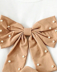 Girls 2-Piece 3D Beige Bow Beaded Outfit Set – Cap Sleeve Top & Beaded Slit Shorts