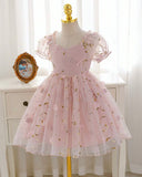 Pink Puff Sleeve Formal Party Tulle Dress with Cinched Waist