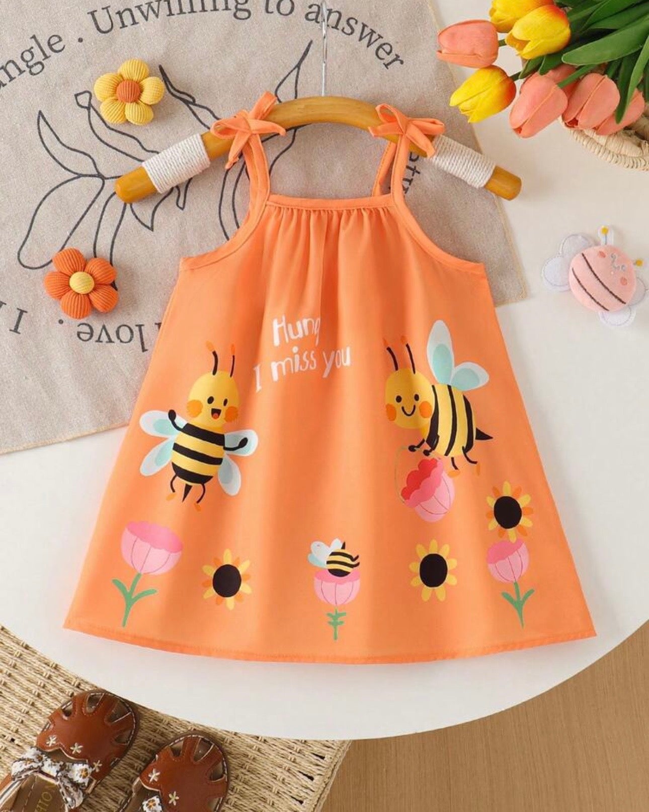 Baby Girl Orange Floral & Honey Bee Print Suspender Dress with Bow