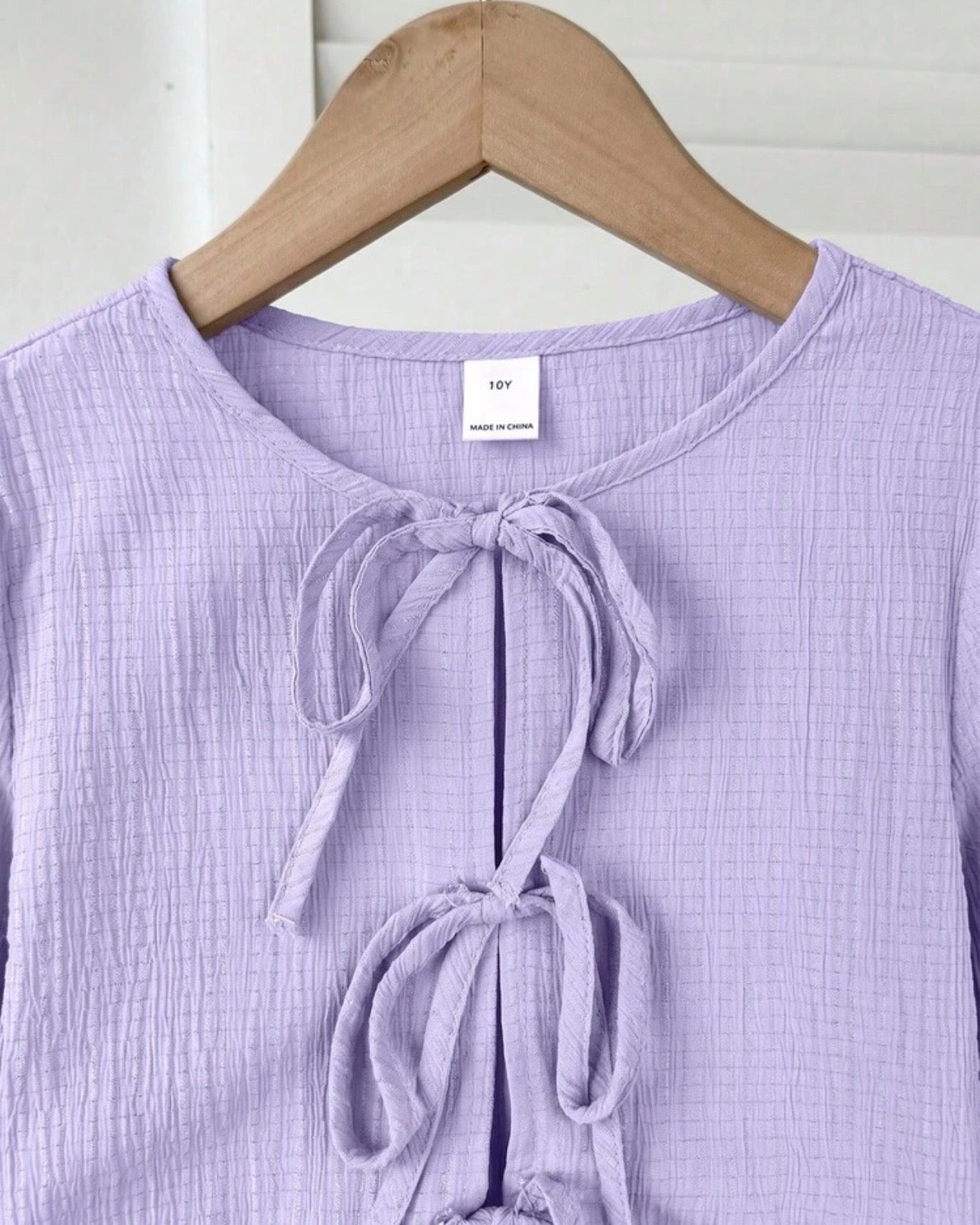 Tween Girls Purple Textured Bow Tie Long Sleeve Shirt