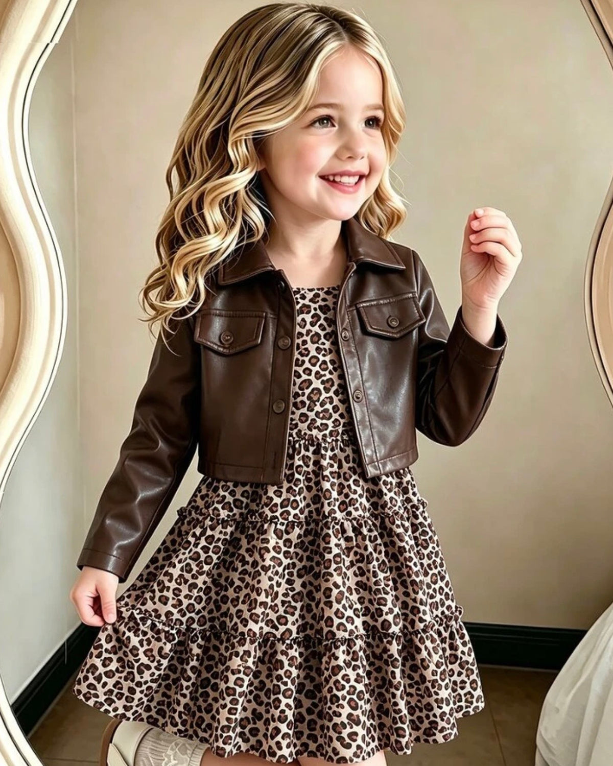 2pcs Set Young Girl Vintage Fall Lapel Short Leather Jacket