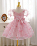 Girls Pink Floral Princess Dress with Petal Sleeves & Back Bow