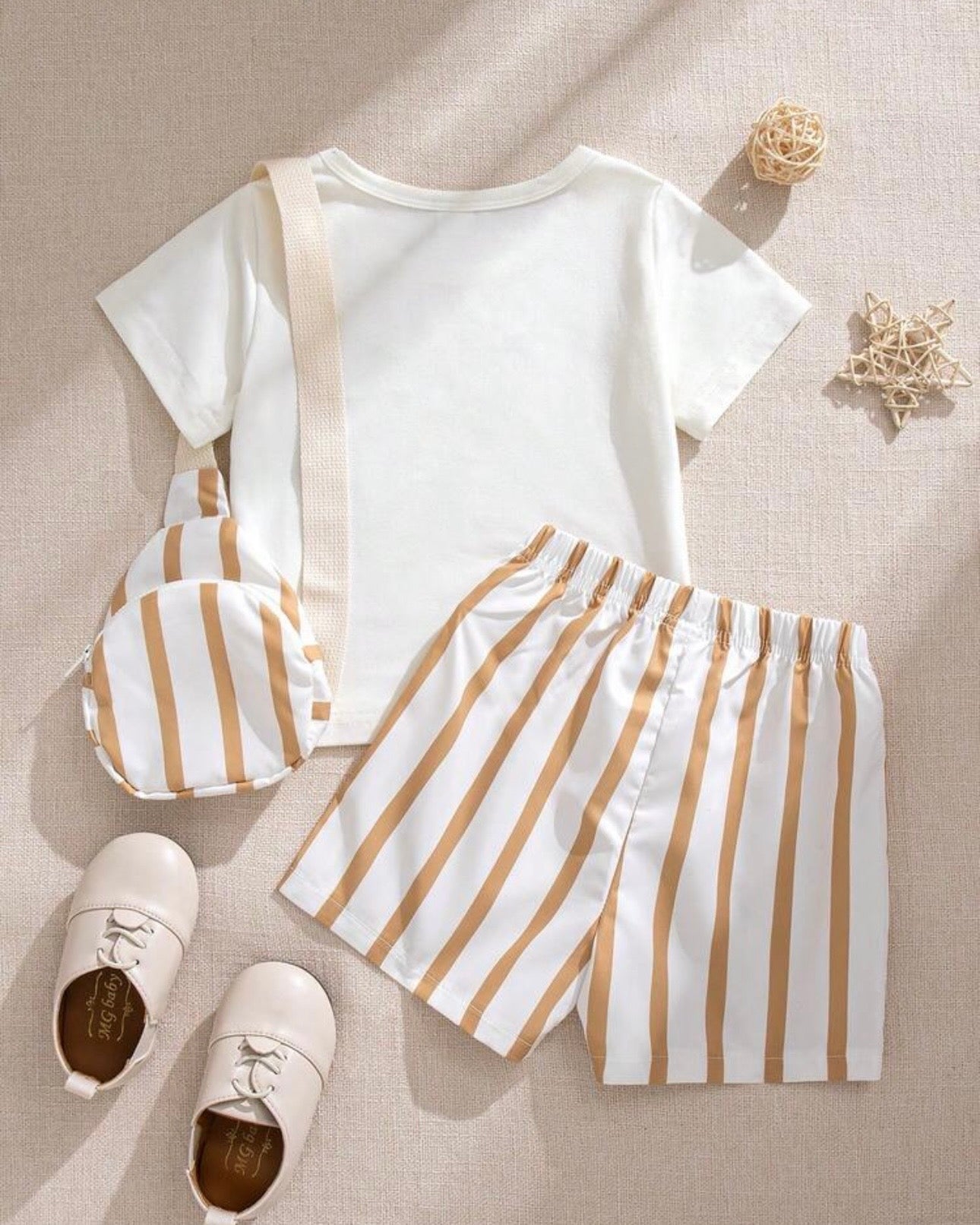 3-Piece Baby Boy Vacation Outfit Set – Graphic Tee, Striped Shorts & Crossbody Bag