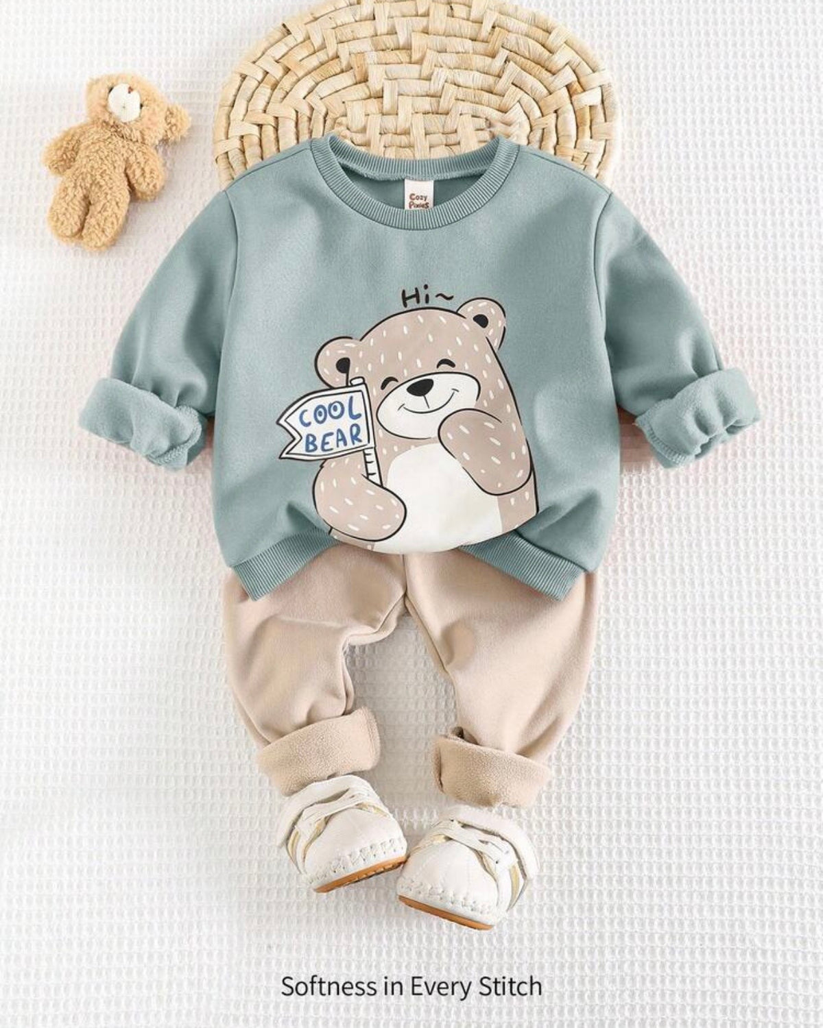 2pcs Baby Boy Bear Green Round Neck Shirt And Blue Pants Set