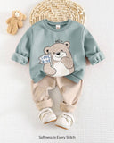 2pcs Baby Boy Bear Green Round Neck Shirt And Blue Pants Set