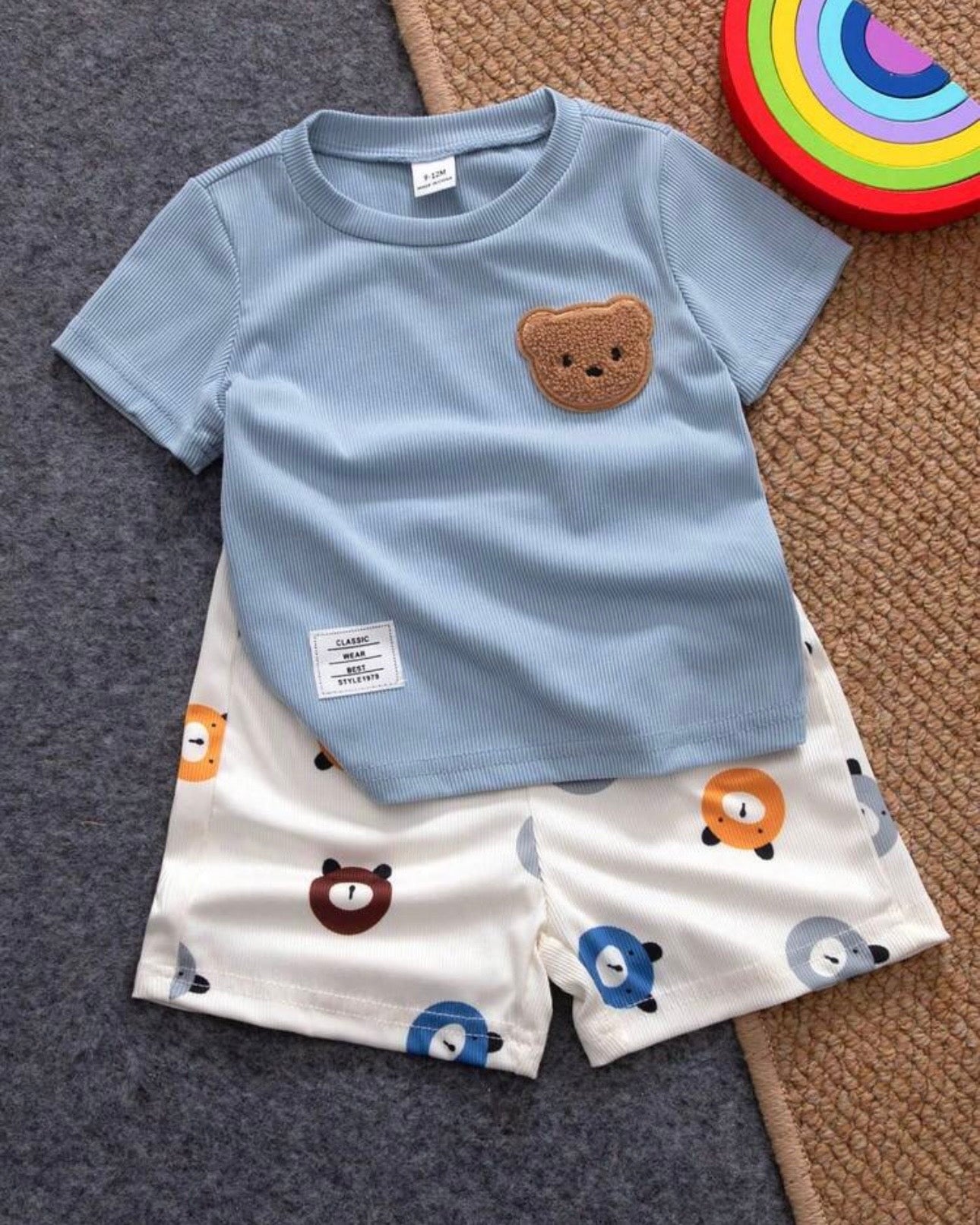 Baby Boy Bear Sky Blue Ribbed Summer Set