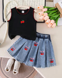 Girls Cherry Embroidered Top & Frilled Denim Skirt Set (3 Colours)