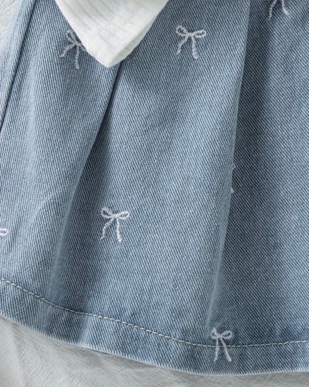 Girls  2pc White Polo Top with Bow & Denim Skirt