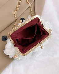 White Net Flower & Pearl Clutch with Pearl Handle