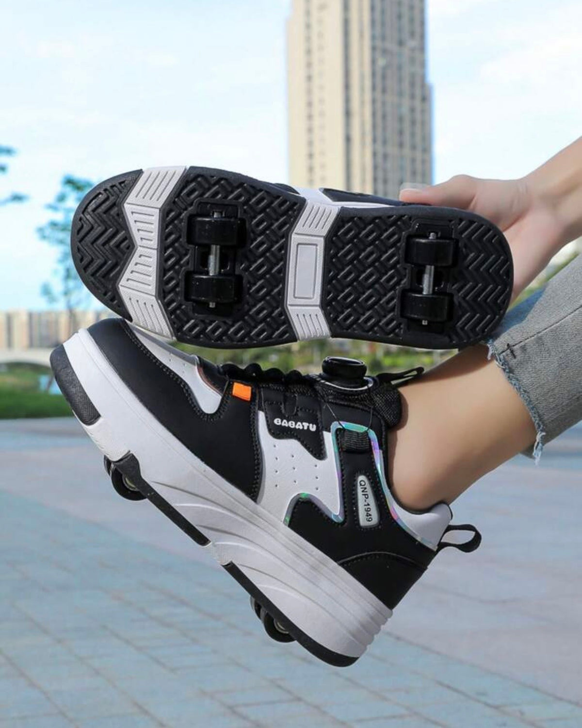 Girls’ Black and White Convertible 4-Wheel Roller Skate Shoes