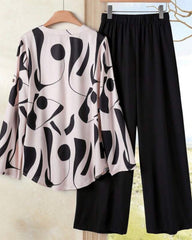 Black Printed Co-Ord Set – Elegant Shirt & Pants 2PCS