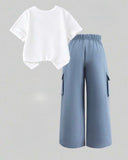 Girls Bow Print Round Neck T-Shirt And Cargo Pants