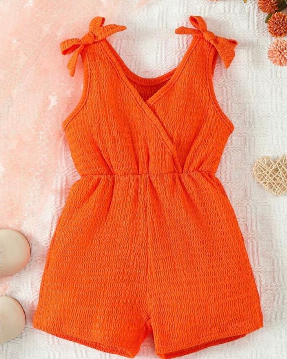 Baby Girl Summer Orange Color Cross Wrap V-Neck Sleeveless Romper
