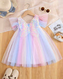 Girls Rainbow Tulle Princess Party Dress with 3D Butterfly Appliqué