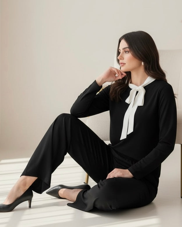 Women Contrast Color Knot Collar Top & Pants 2pcs Set