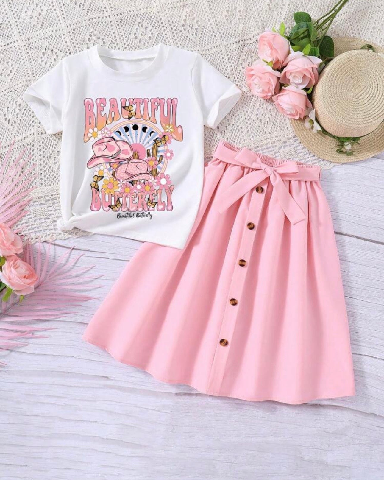 2pcs Girls Pink Cartoon Letter Print Short Sleeve Top & Skirt