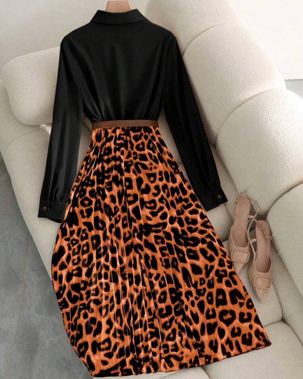 Women's Elegant Waist Cinched Slim Fit Leopard Print Pleated Flare Maxi Dress