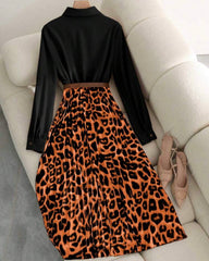 Women's Elegant Waist Cinched Slim Fit Leopard Print Pleated Flare Maxi Dress