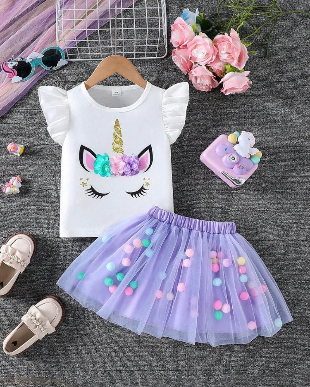 Girls Purple 3D Unicorn Cap Sleeve T-Shirt & Mesh Skirt 2-Piece Set
