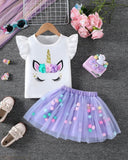Girls Purple 3D Unicorn Cap Sleeve T-Shirt & Mesh Skirt 2-Piece Set