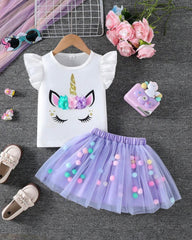 Girls Purple 3D Unicorn Cap Sleeve T-Shirt & Mesh Skirt 2-Piece Set