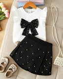 Girls 2-Piece 3D Black Bow Beaded Outfit Set – Cap Sleeve Top & Beaded Slit Shorts