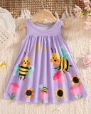 Baby Girl Purple Floral & Honey Bee Print Suspender Dress