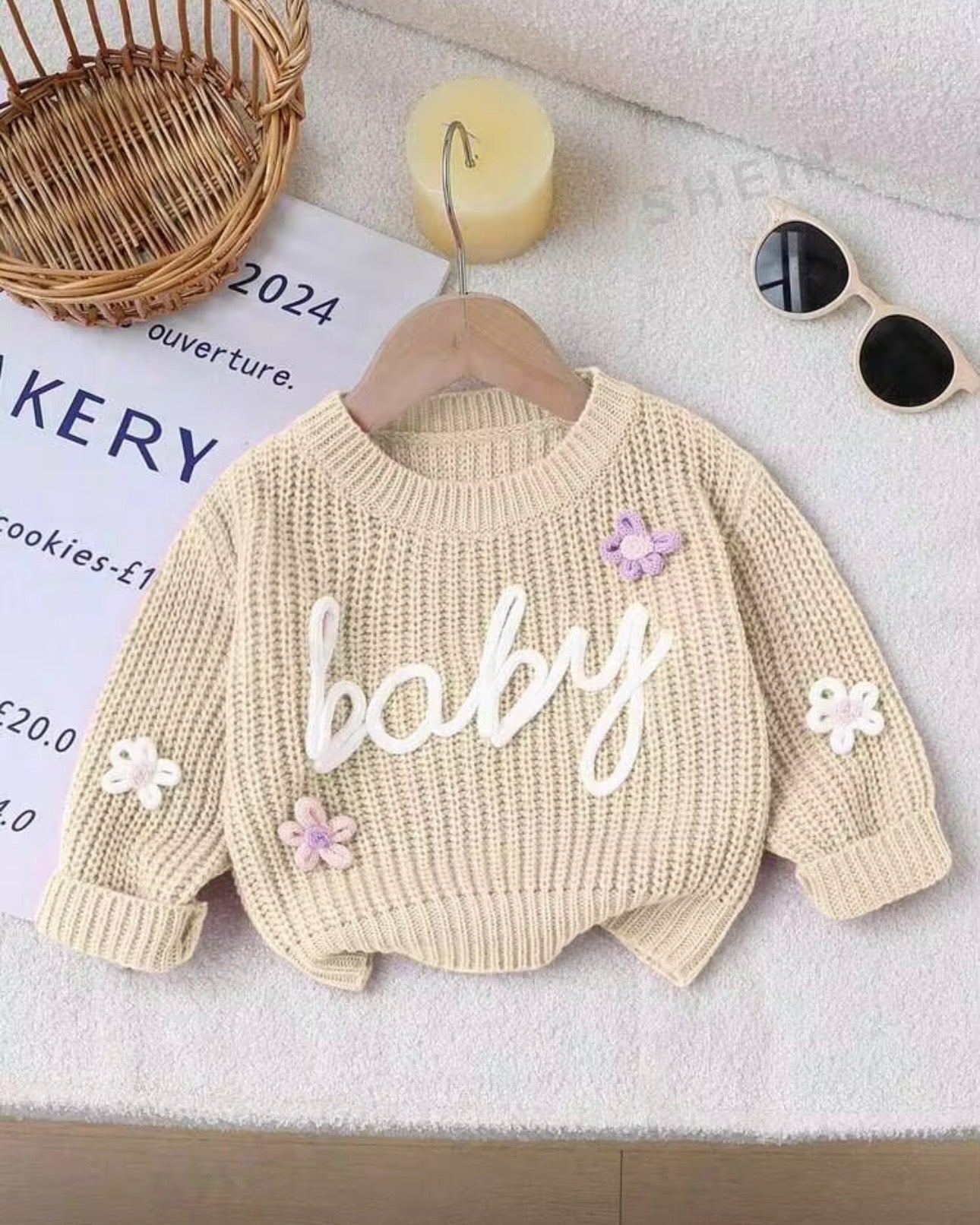 Baby Girl Floral Embroidered “Baby” Sweater